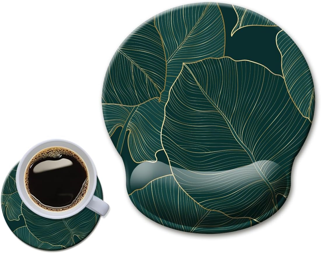 Ergonomic Mouse Pad with Wrist Support Gel Mouse Pad with Wrist Rest, Comfortable Computer Mouse Pad for Laptop, Pain Relief Mousepad with Non-Slip Rubber Base,Green Leaves